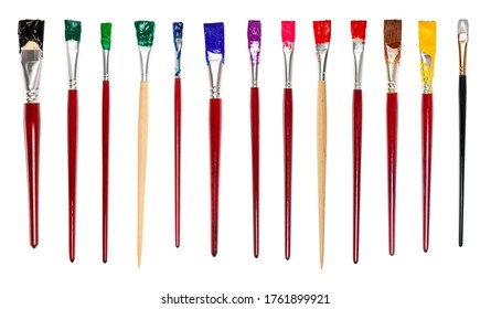 set of flat paint brushes with various colored tips isolated on white background