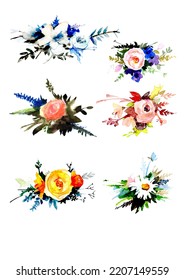 A Set Of Flower Arrangements Painted In Watercolor. Decorative Elements For Postcards, Packaging, Posters, Etc. Colorful Floral Elements