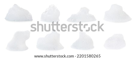 Set with fluffy bath foam on white background. Banner design