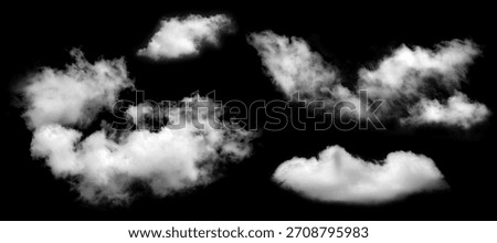 Set of fluffy white clouds isolated on black background, representing natural sky elements and soft mist texture, digital art and atmospheric design.