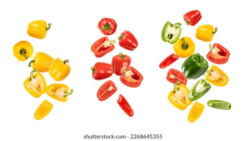 Set of Flying bell peppers isolated on white background.