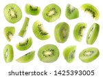 Set of flying cut fresh juicy kiwi on white background