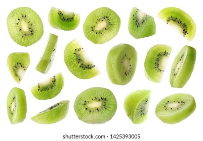 Set of flying cut fresh juicy kiwi on white background