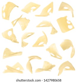 Set of flying delicious cheese on white background