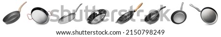Set of flying frying pans on white background Stock photo © 