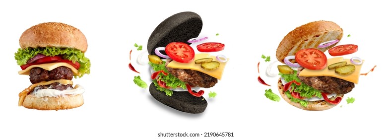 Set of flying levitate burgers with flying ingredients isolated on white background. - Shutterstock ID 2190645781