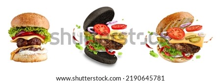 Set of flying levitate burgers with flying ingredients isolated on white background.