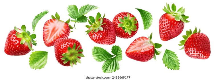 Set of flying strawberries with leaves, some of the berries are cut, isolated on a white background.