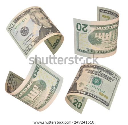 Set of flying twenty dollars bills isolated on white background