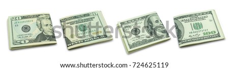 Set of folded twenty and hundred banknote isolated on white background with clipping path.