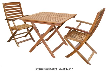 Set of folding wooden garden furniture - table and chairs isolated on white and with clipping path - Shutterstock ID 203640547