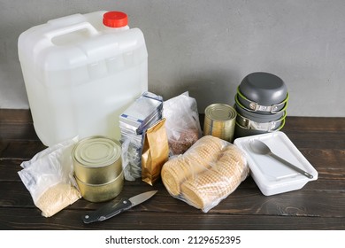 Set Of Food Products For Long-term Storage, Container With Drinking, Need For Emergency, With Copy Space