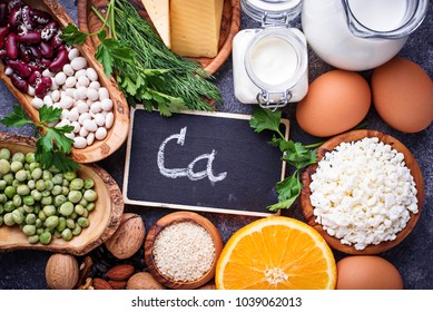 Set of food that is rich in calcium.  Top view
