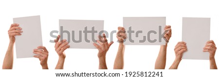 Set of four A4 sheets holding with both hands with white isolated background