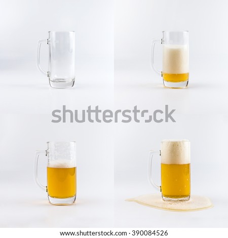 Set of four beer glasses against white background. Filling glasses with beer sequence.