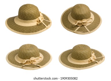 set of four brown beige woman  hat isolated on white background .Women's beach hat . colorful hat .