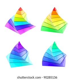 Set of four colorful segmented pyramides isolated on white