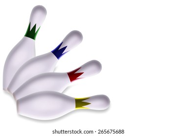 Set Of Four Decorative Creative Fanned Bowling Pins With Different Colored Collars Arranged In The Corner Of The Frame Viewed From Above Isolated Over White With Copy Space