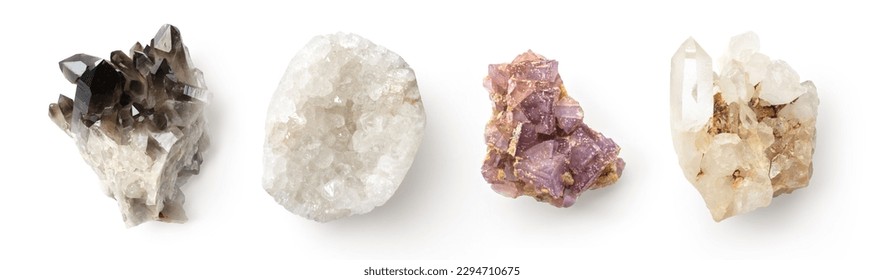 set of four different quartz crystal rocks isolated over a white background, semi precious stones or gems design elements, top view	