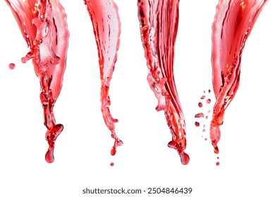 Set of four flow of red cherry cold juice pour down with bright splashes, drops flying, motion isolated on white background. Fresh  drink with splashing for advertising, design, flyer, card, poster.