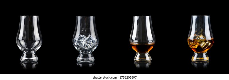 Set of four glasses for alcoholic drinks on black background. Empty, with ice cube and clean