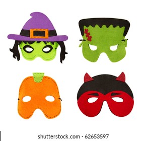 A Set Of Four Halloween Felt Face Masks Including A Witch, Frankenstein, Pumpkin And Devil. Isolated On White.