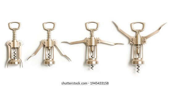 Set of four levels of shiny Stainless steel wine bottle openers on a white background