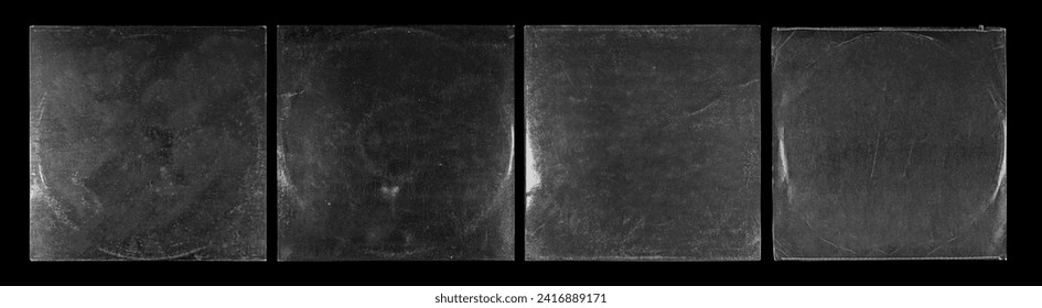 Set of Four Old Black Square Vinyl CD Record Cover Package Envelope Template Mock Up. Empty Damaged Grunge Aged Photo Scratched Shabby Paper Cardboard Overlay Texture. 