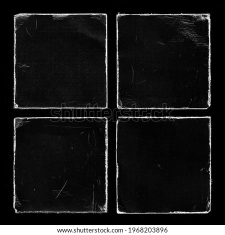 Set of Four Old Black Square Vinyl CD Record Cover Package Envelope Template Mock Up. Empty Damaged Grunge Aged Photo Scratched Shabby Paper Cardboard Overlay Texture. 
