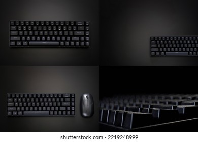 Set four photos and modern black gaming ergonomic computer keyboard dark background  Wireless technology   computer gadgets  Copy space  Gradient
