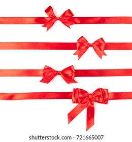 set of four red ribbon satin bows isolated on white