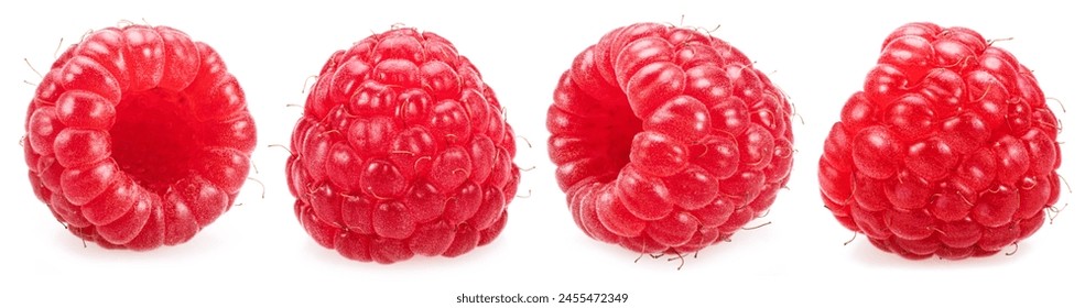 Set of four ripe raspberries isolated on white background.