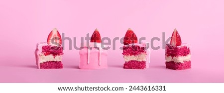 set of four slice of strawberry cake in different side, front, back, left, right isolated on pink background, filling with jam and strawberry decoration on top, cross-section piece of cake