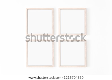 Set of four square frmes. Wooden frame mockup on white wall. Poster mockup. Clean, modern, minimal frame. Empty fra.me Indoor interior, show text or product