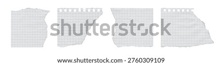 Set of four torn perforated graph paper fragments on white background