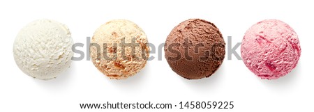 Set of four various ice cream balls or scoops isolated on white background. Top view. Vanilla, strawberry, chocolate and caramel flavor