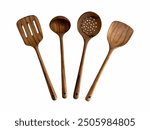 A set of four wooden cooking utensils, including a slotted spatula, a ladle, a slotted spoon, and a solid spatula, ideal for various kitchen tasks.