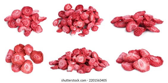 Set with freeze dried strawberries on white background - Shutterstock ID 2201563405