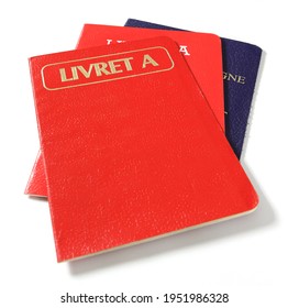 set of French savings book. Savings and finance concept. Red and blue savings books isolated and cut out on white background with shadow. Written in French Livret A