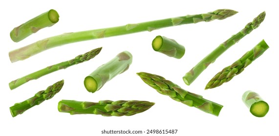 Set of fresh asparagus spears on white background