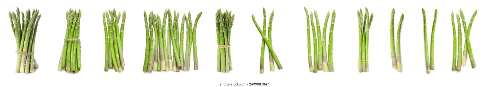 Set of fresh asparagus spears on white background, top view - Powered by Shutterstock