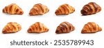 Set of fresh baked croissants isolated on white background. French pastry croissant set and collection. buttered baked croissant breakfast bread set. Fresh bakery croissants set and collection.