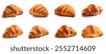 Set of fresh baked croissants isolated on white background. French pastry croissant set and collection. buttered baked croissant breakfast bread set. Fresh bakery croissants set and collection.