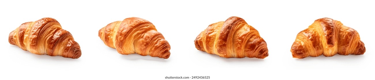 Set of fresh baked croissants isolated on white background. French pastry croissant set and collection. buttered baked croissant breakfast bread set.