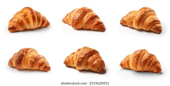 Set of fresh baked croissants isolated on white background. French pastry croissant set and collection. buttered baked croissant breakfast bread set. - Powered by Shutterstock