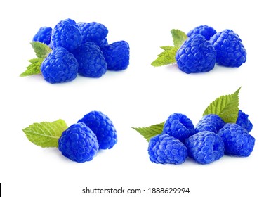 Set Of Fresh Blue Raspberries On White Background