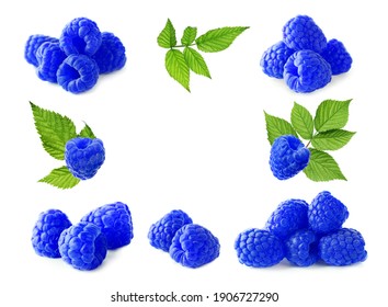 Set Of Fresh Blue Raspberries On White Background