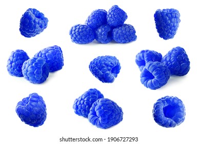 Set Of Fresh Blue Raspberries On White Background