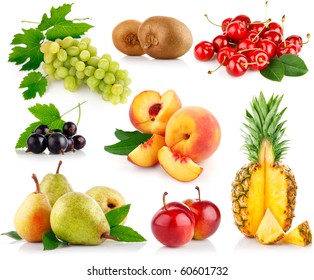 set fresh fruits with cut and green leaves isolated on white background - Powered by Shutterstock