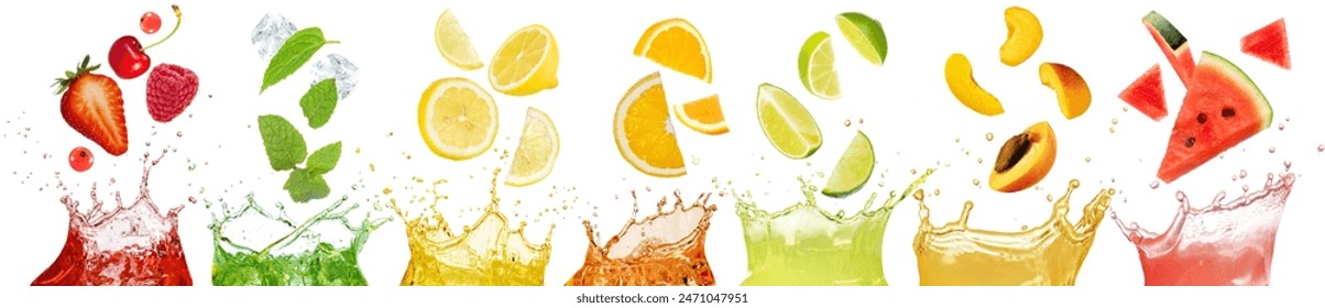 Set of fresh fruits falling in juice splashes isolated on white. Collection  for healthy drink and food concept. - Powered by Shutterstock